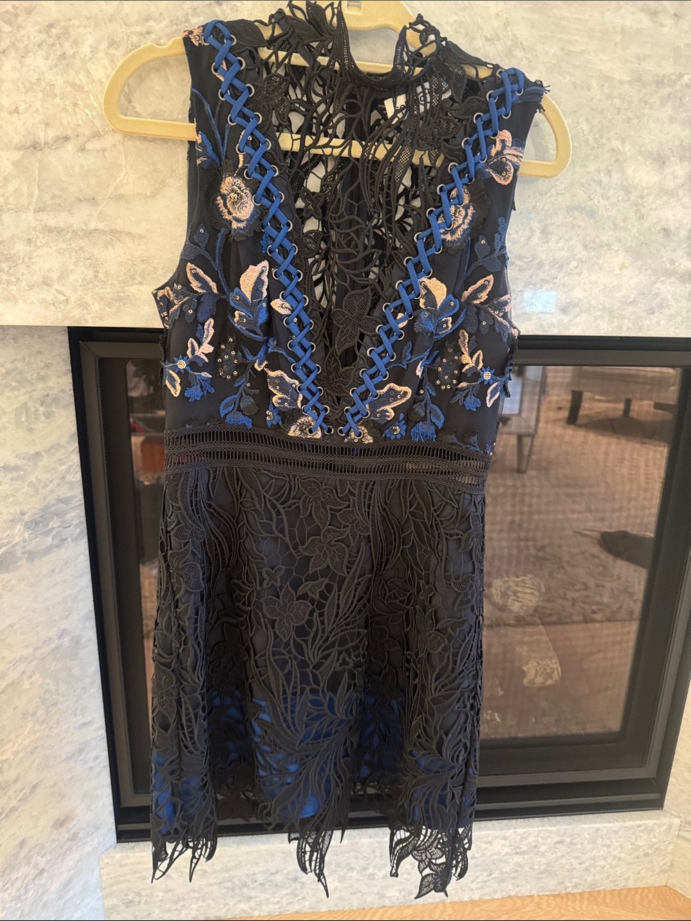 Self-Portrait Black Lace Mini Dress with Blue & Cream Embroidery